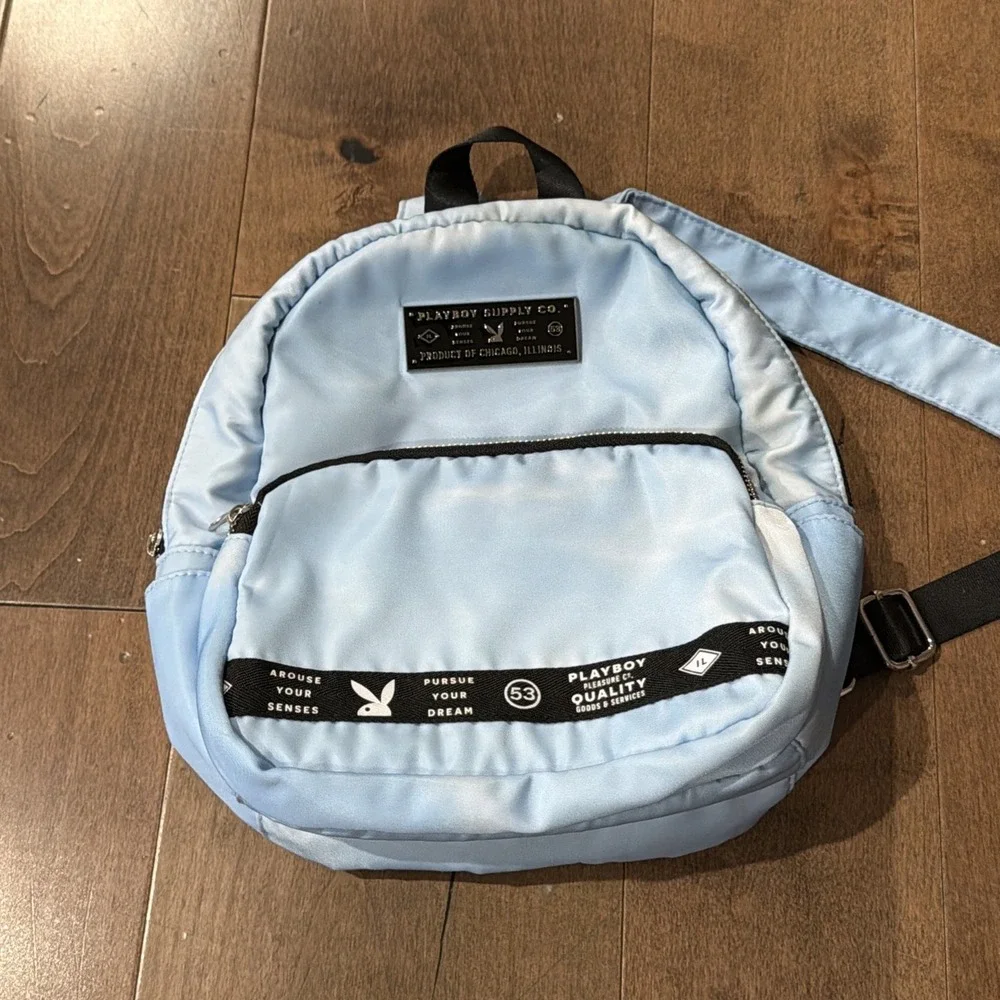 Playboy Blue Nylon Backpack Everyday Travel Daypack Bookbag Adjustable Strap